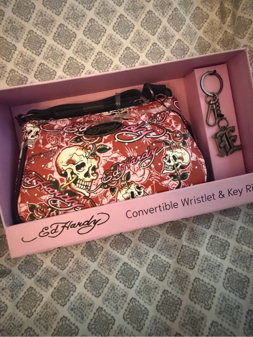 Ed Hardy Pink Skull Convertible Wristlet with Key Ring